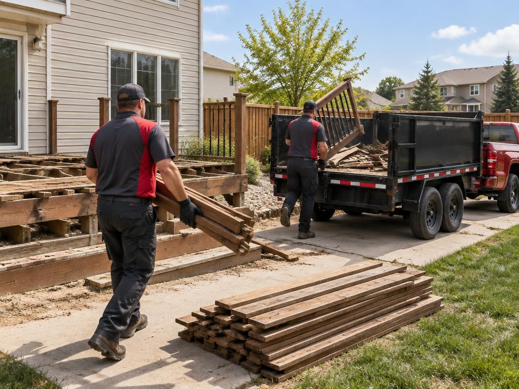 EZ Haulaway crew loading dismantled deck boards into a tandem-axle dump trailer