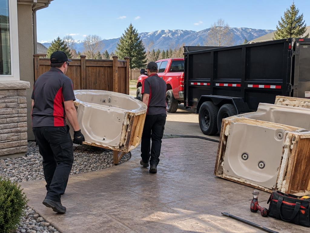 Hot tub set up outdoors in a Denver metro backyard, ready for removal