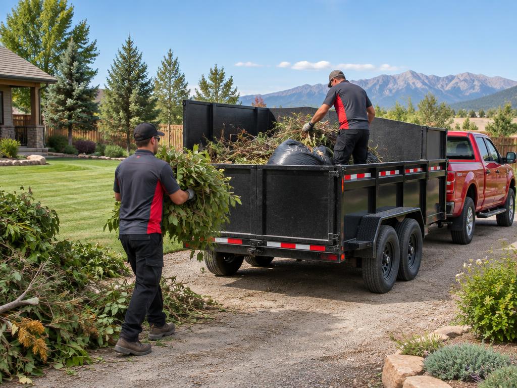 EZ Haulaway crew loading branches and yard debris into a tandem-axle dump trailer