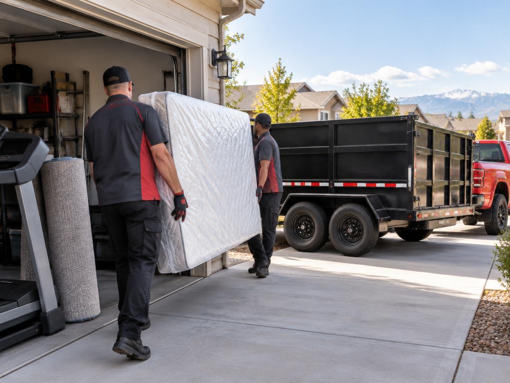 EZ Haulaway crew safely carrying a wrapped mattress from a garage