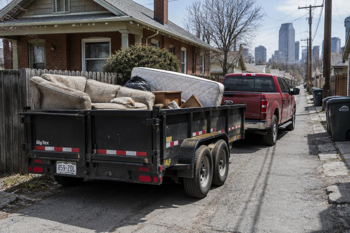 Furniture and mattress junk removal in a Denver, CO alley behind an older home