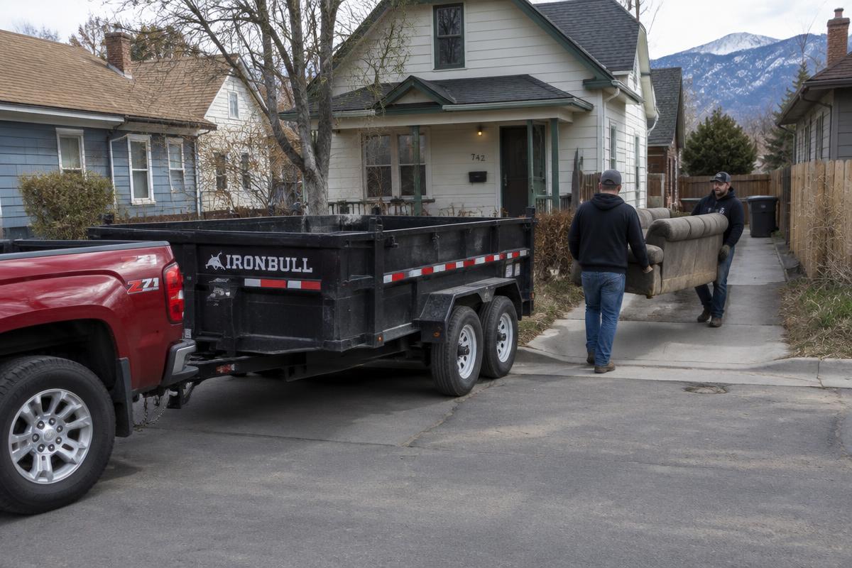 Crew carrying a couch out for junk removal at an Englewood, CO home