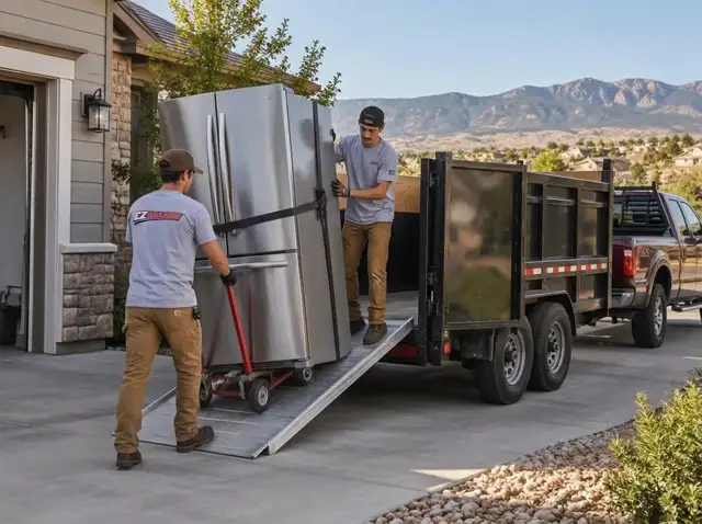Appliance removal in Parker, CO — EZ Haulaway crew loading a refrigerator onto the branded dump trailer