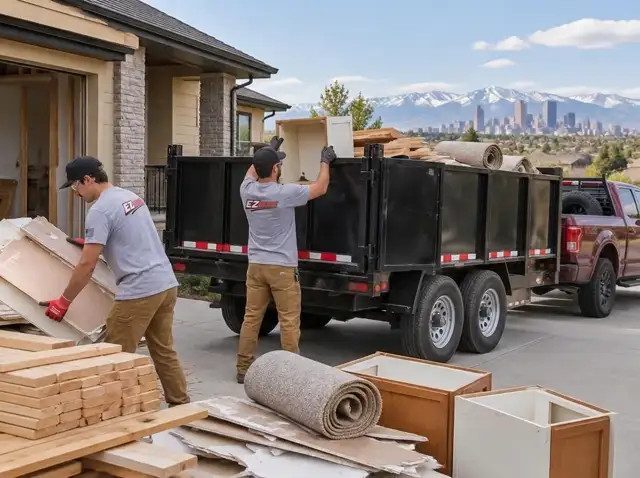 Yard and construction debris removal in Parker, CO — renovation waste loaded into the dump trailer