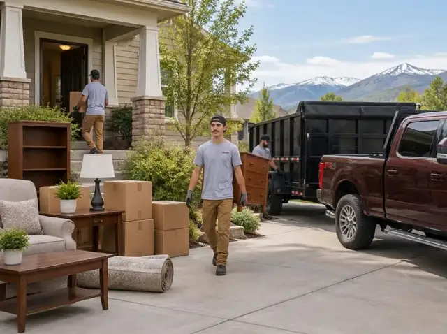 Property cleanout in Parker, CO — EZ Haulaway trailer loaded with furniture, boxes and stored junk