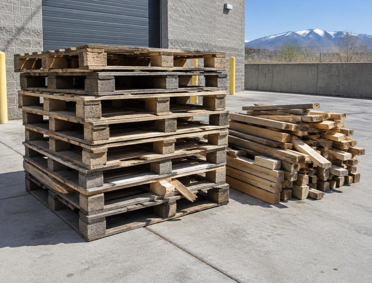 Stack of used wooden shipping pallets beside a pile of scrap lumber at a loading area